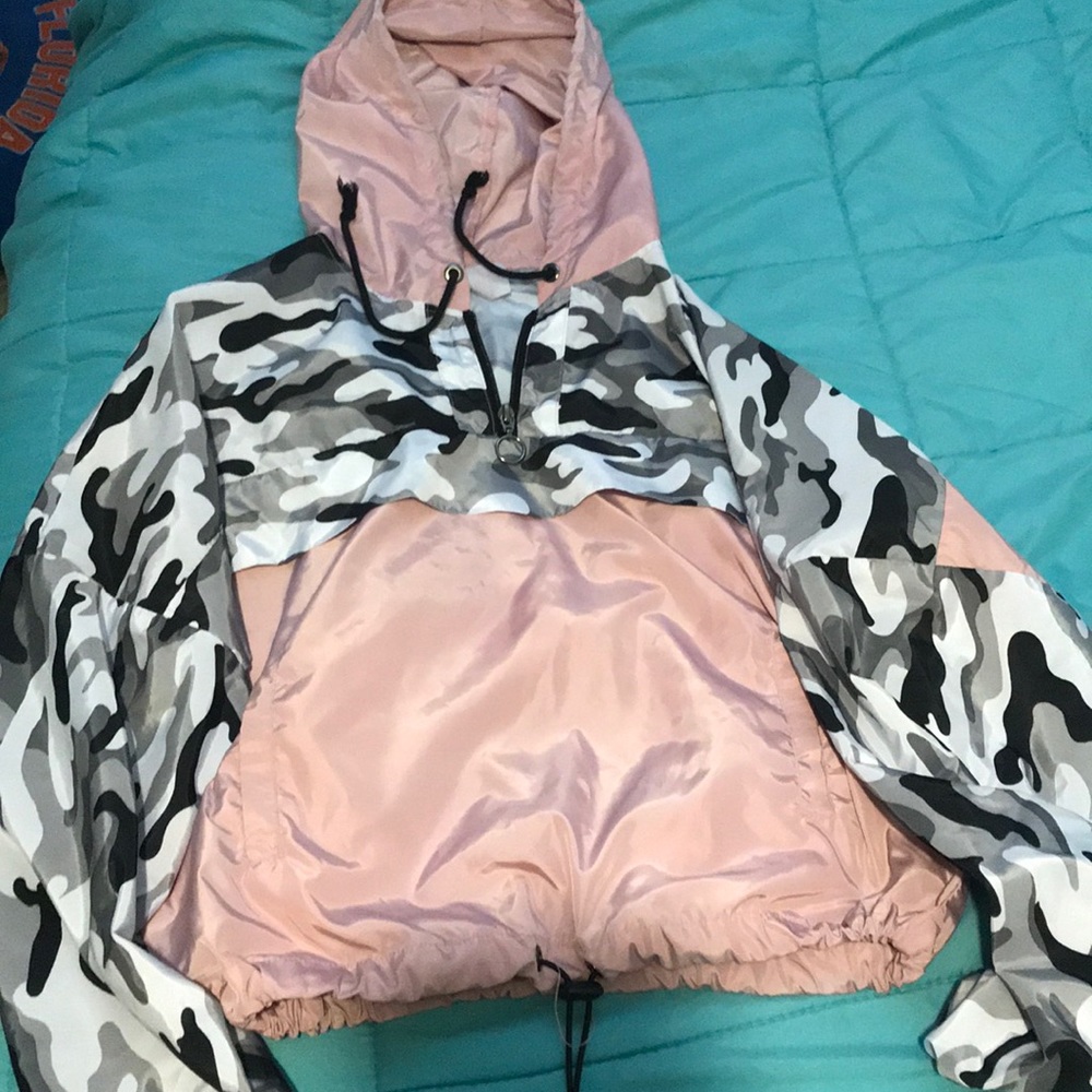 . Pink & Gray camo pull over jacket.